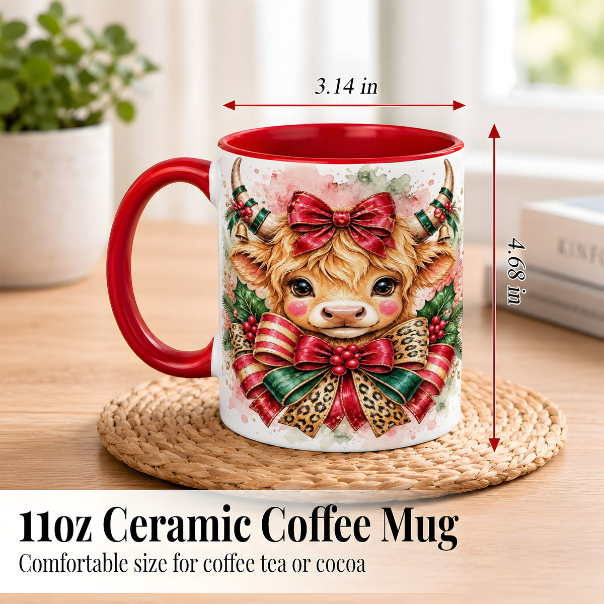#pl[11oz|Red] Christmas Highland Cow Coffee Mug, Festive Cow Mug, Ceramic Cup