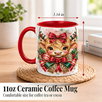 #pl[11oz|Red] Christmas Highland Cow Coffee Mug, Festive Cow Mug, Ceramic Cup