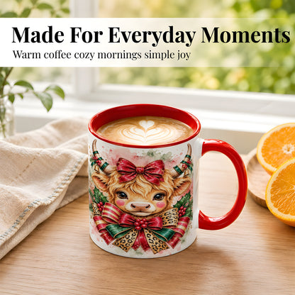 #pl[11oz|Red] Christmas Highland Cow Coffee Mug, Festive Cow Mug, Ceramic Cup