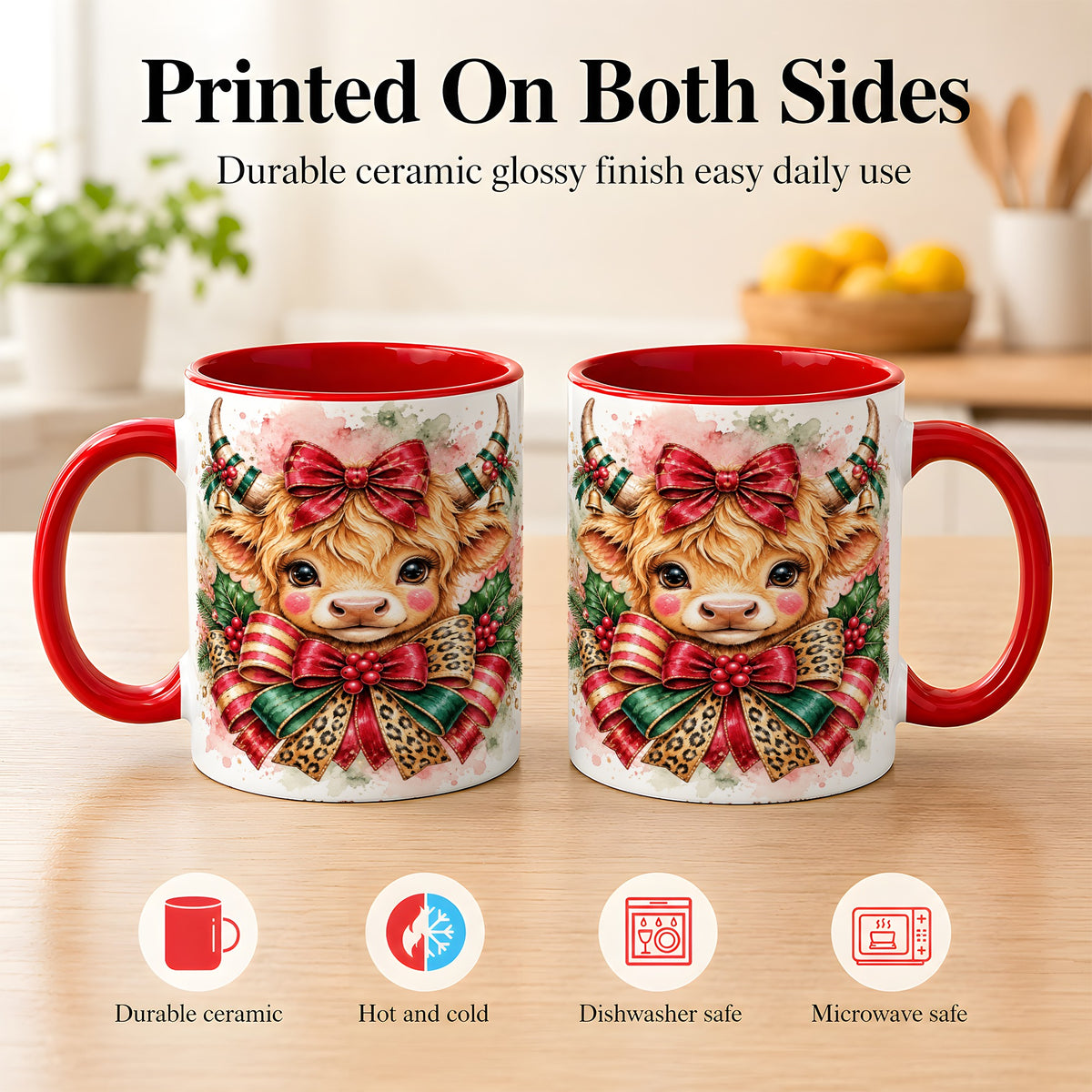 #pl[11oz|Red] Christmas Highland Cow Coffee Mug, Festive Cow Mug, Ceramic Cup