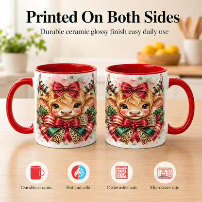 #pl[11oz|Red] Christmas Highland Cow Coffee Mug, Festive Cow Mug, Ceramic Cup