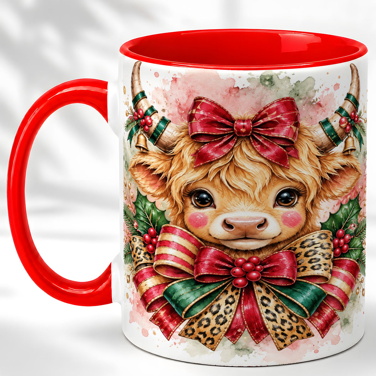 #pl[11oz|Red] Christmas Highland Cow Coffee Mug, Festive Cow Mug, Ceramic Cup