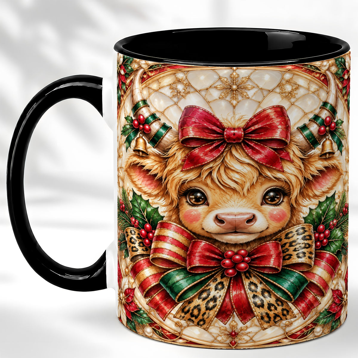 #pl[11oz|Black] Ornate Christmas Cow Coffee Mug, Highland Cow Mug, Ceramic Cup