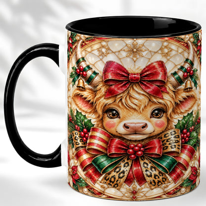 #pl[11oz|Black] Ornate Christmas Cow Coffee Mug, Highland Cow Mug, Ceramic Cup