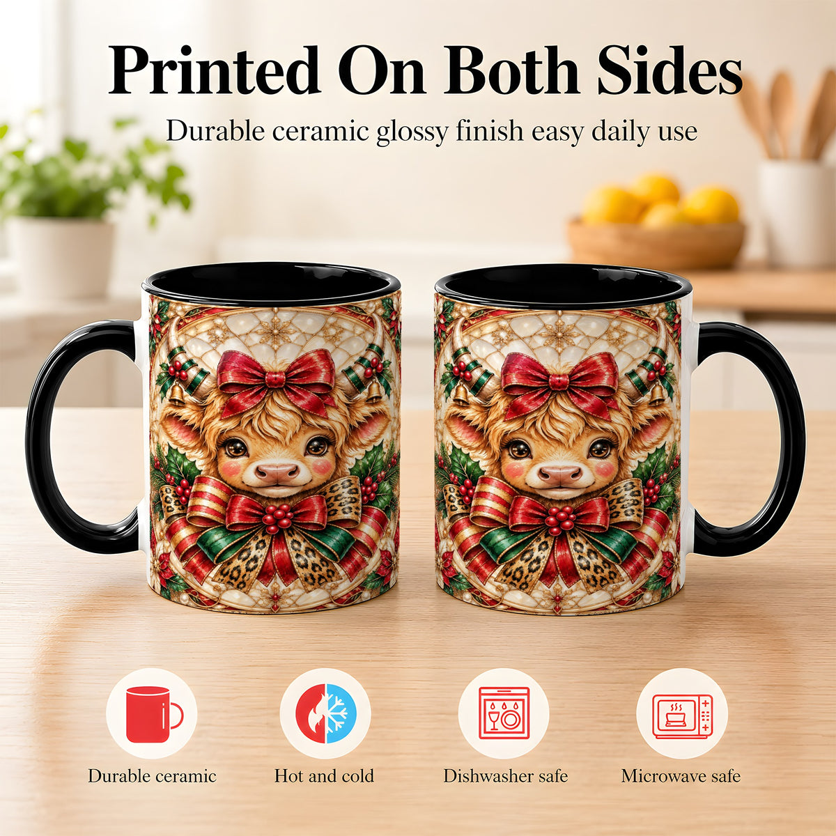 #pl[11oz|Black] Ornate Christmas Cow Coffee Mug, Highland Cow Mug, Ceramic Cup