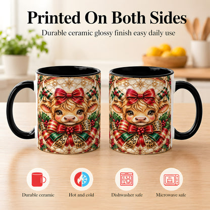 #pl[11oz|Black] Ornate Christmas Cow Coffee Mug, Highland Cow Mug, Ceramic Cup