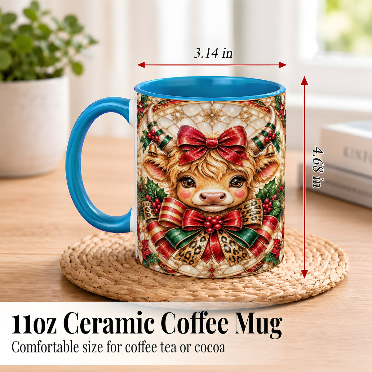 #pl[11oz|Blue] Ornate Christmas Cow Coffee Mug, Highland Cow Mug, Ceramic Cup