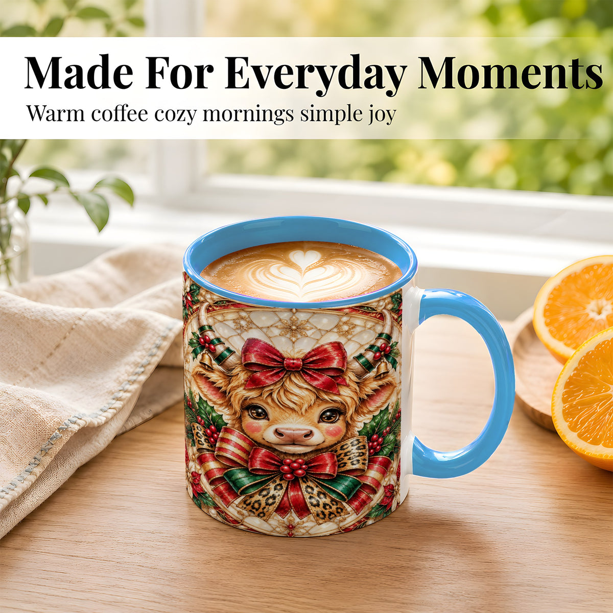 #pl[11oz|Blue] Ornate Christmas Cow Coffee Mug, Highland Cow Mug, Ceramic Cup