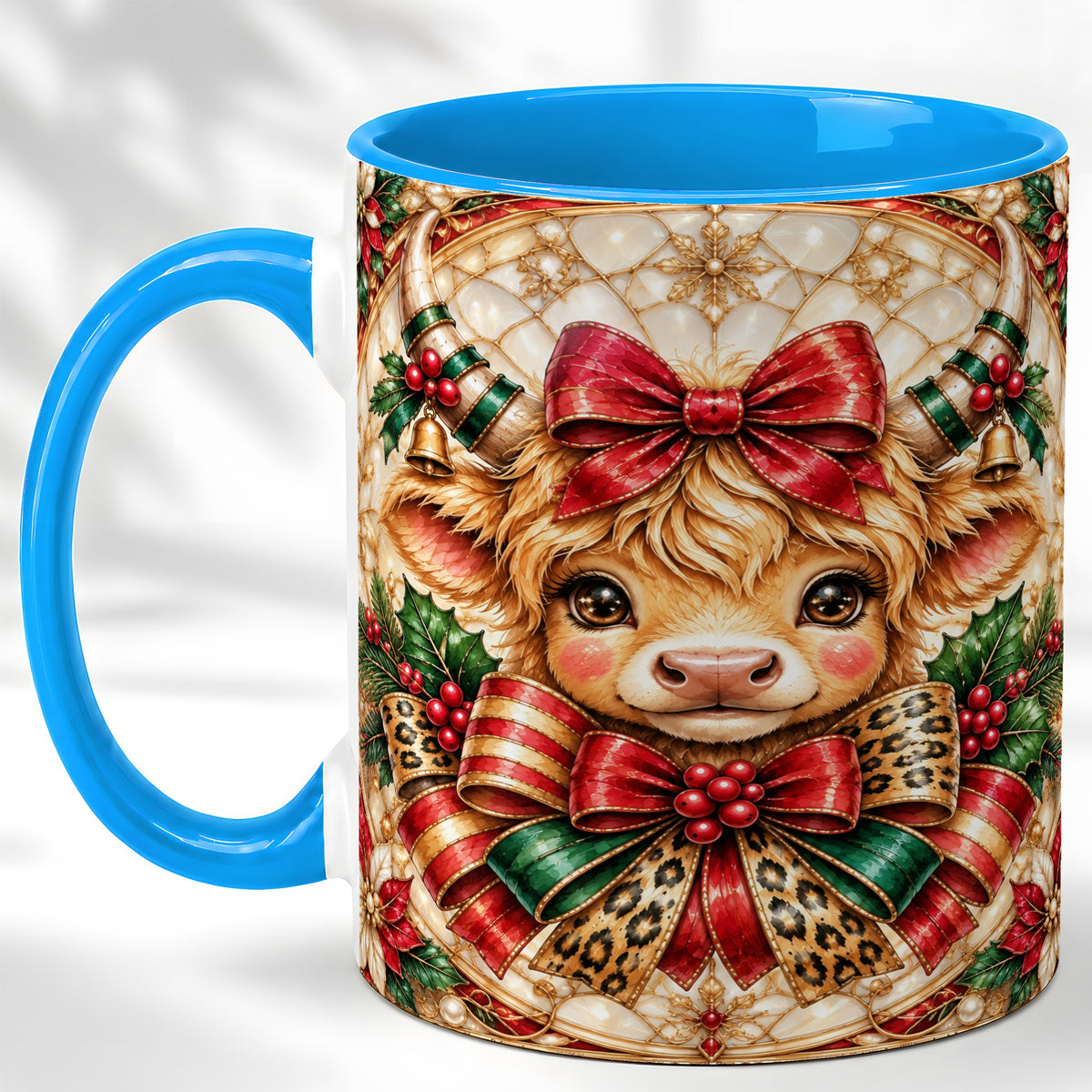 #pl[11oz|Blue] Ornate Christmas Cow Coffee Mug, Highland Cow Mug, Ceramic Cup