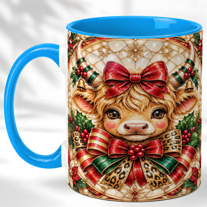 #pl[11oz|Blue] Ornate Christmas Cow Coffee Mug, Highland Cow Mug, Ceramic Cup