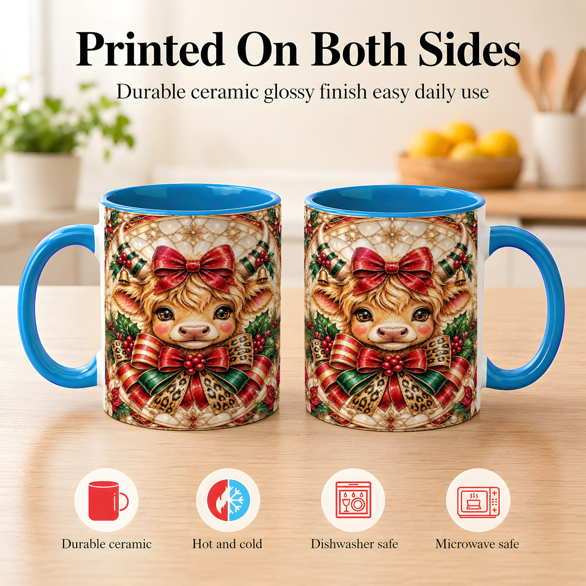 #pl[11oz|Blue] Ornate Christmas Cow Coffee Mug, Highland Cow Mug, Ceramic Cup