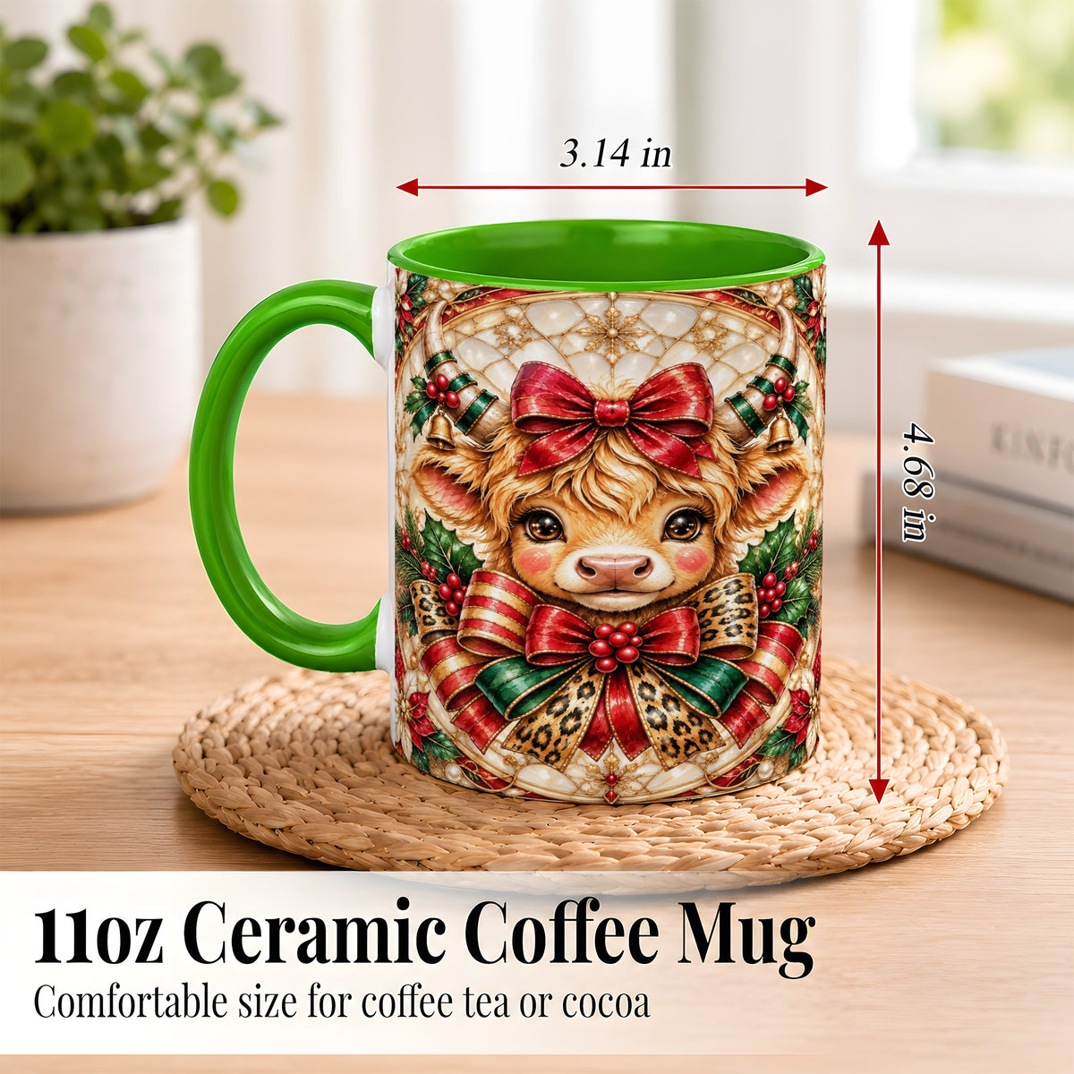 #pl[11oz|Green] Ornate Christmas Cow Coffee Mug, Highland Cow Mug, Ceramic Cup