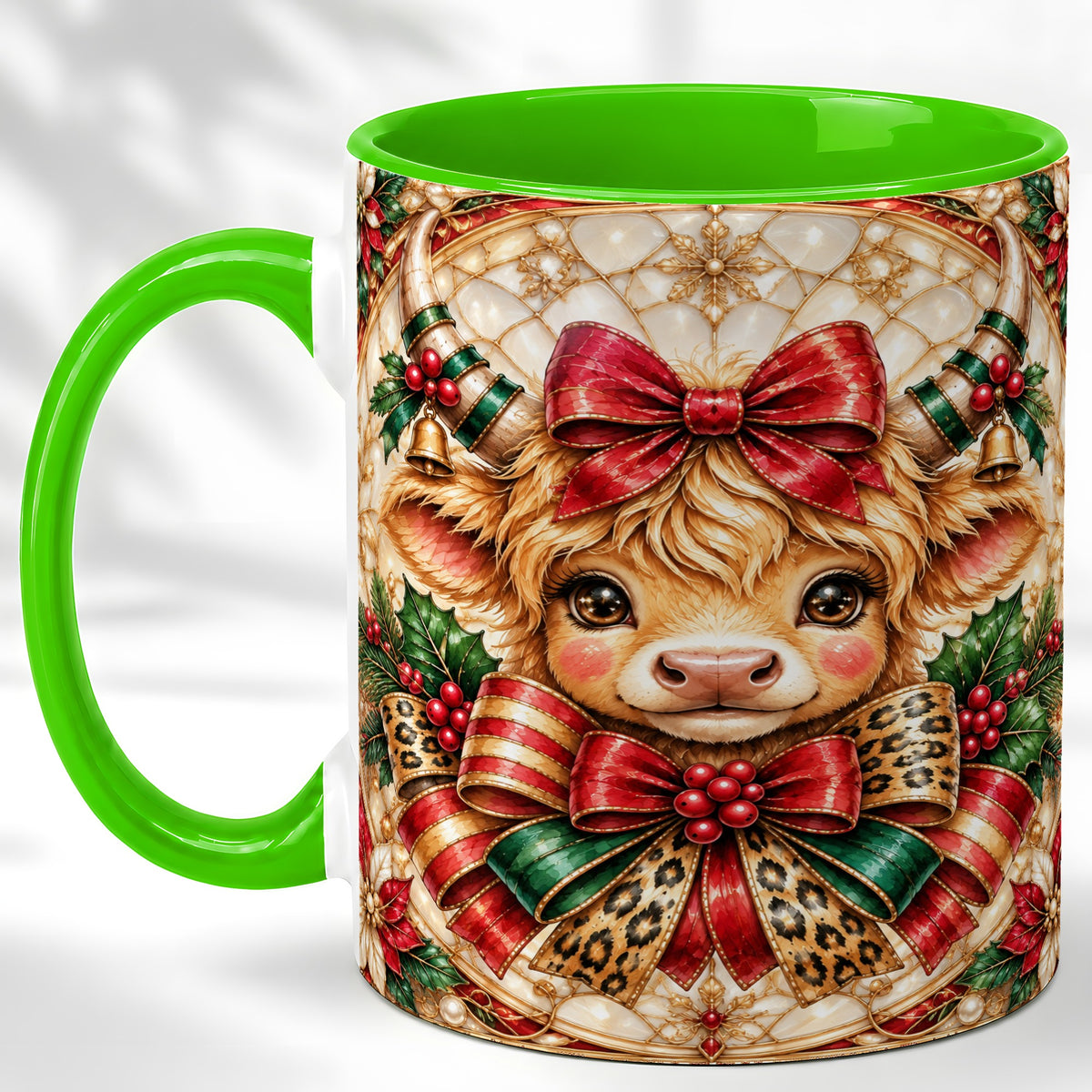 #pl[11oz|Green] Ornate Christmas Cow Coffee Mug, Highland Cow Mug, Ceramic Cup