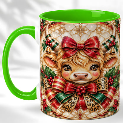 #pl[11oz|Green] Ornate Christmas Cow Coffee Mug, Highland Cow Mug, Ceramic Cup