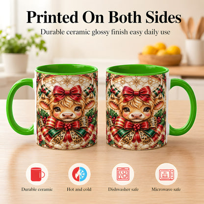 #pl[11oz|Green] Ornate Christmas Cow Coffee Mug, Highland Cow Mug, Ceramic Cup