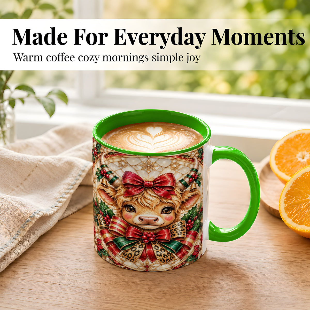 #pl[11oz|Green] Ornate Christmas Cow Coffee Mug, Highland Cow Mug, Ceramic Cup