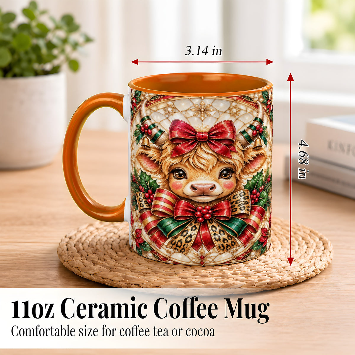 #pl[11oz|Orange] Ornate Christmas Cow Coffee Mug, Highland Cow Mug, Ceramic Cup