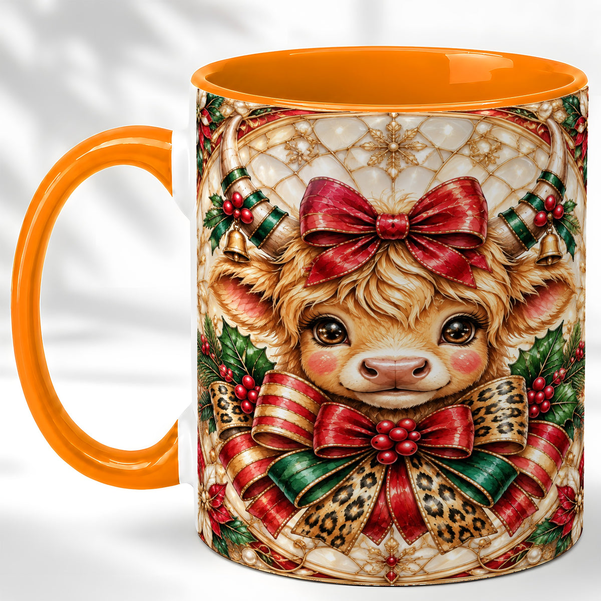 #pl[11oz|Orange] Ornate Christmas Cow Coffee Mug, Highland Cow Mug, Ceramic Cup