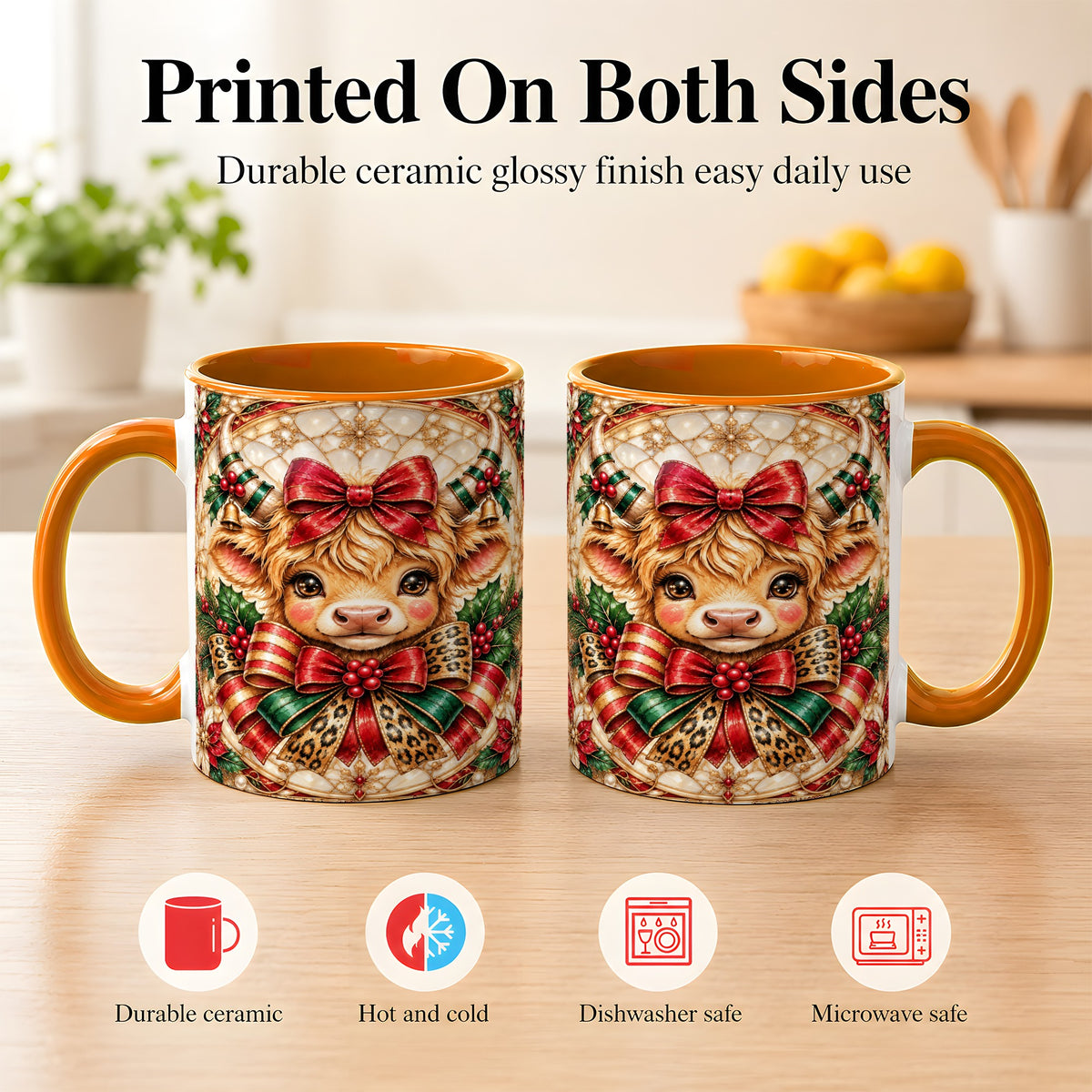 #pl[11oz|Orange] Ornate Christmas Cow Coffee Mug, Highland Cow Mug, Ceramic Cup