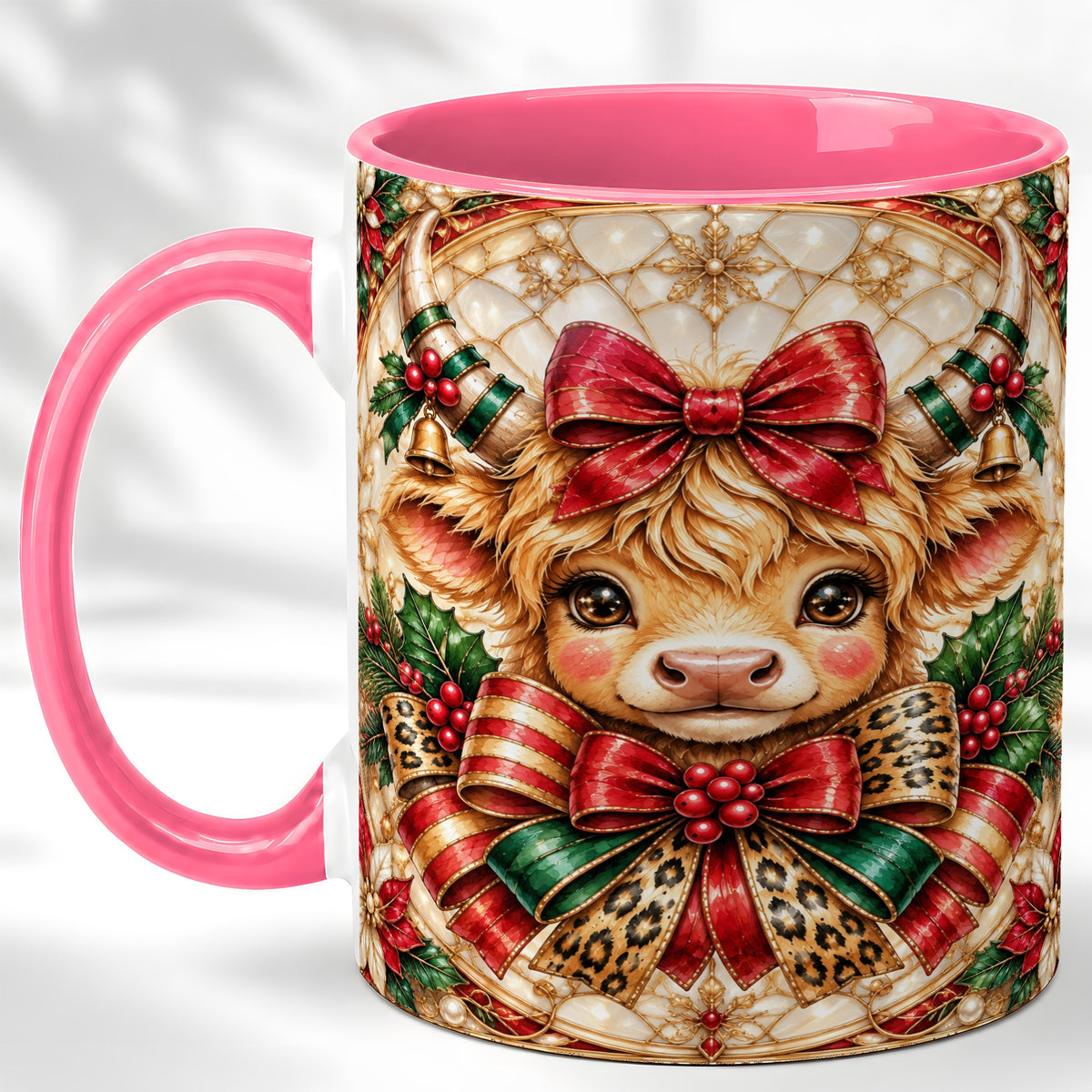 #pl[11oz|Pink] Ornate Christmas Cow Coffee Mug, Highland Cow Mug, Ceramic Cup