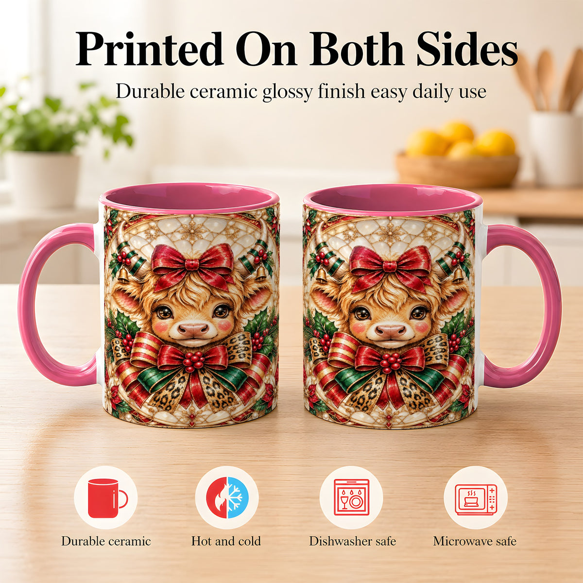 #pl[11oz|Pink] Ornate Christmas Cow Coffee Mug, Highland Cow Mug, Ceramic Cup