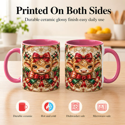 #pl[11oz|Pink] Ornate Christmas Cow Coffee Mug, Highland Cow Mug, Ceramic Cup