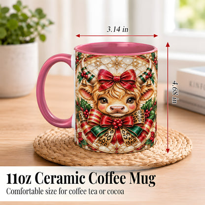 #pl[11oz|Pink] Ornate Christmas Cow Coffee Mug, Highland Cow Mug, Ceramic Cup