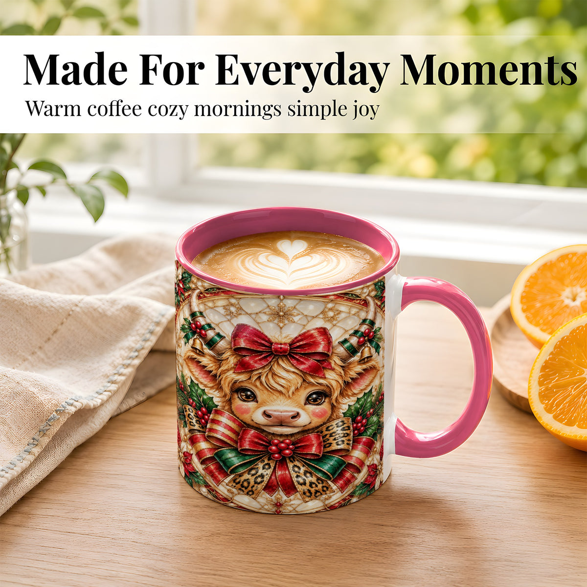 #pl[11oz|Pink] Ornate Christmas Cow Coffee Mug, Highland Cow Mug, Ceramic Cup