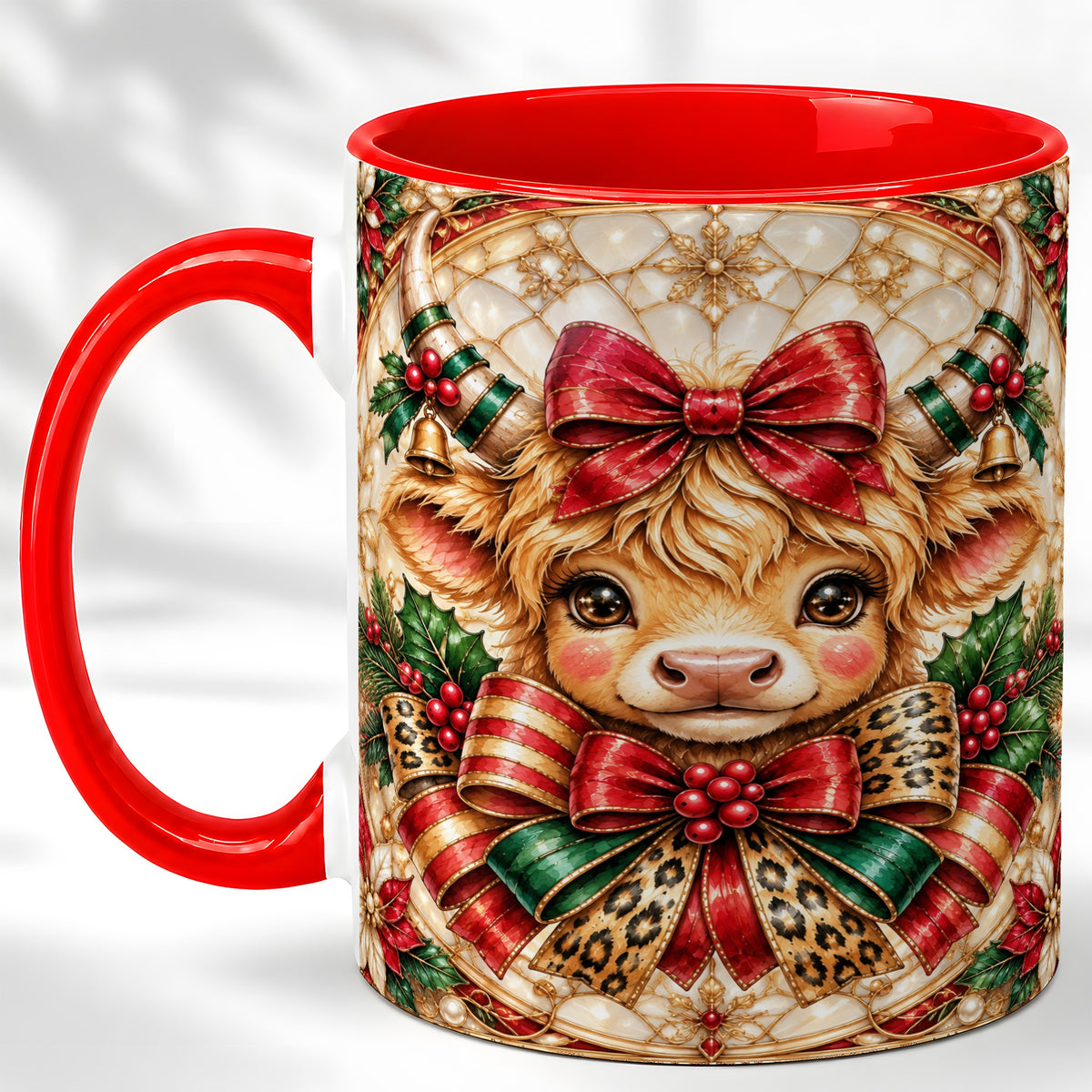 #pl[11oz|Red] Ornate Christmas Cow Coffee Mug, Highland Cow Mug, Ceramic Cup