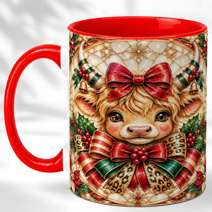 #pl[11oz|Red] Ornate Christmas Cow Coffee Mug, Highland Cow Mug, Ceramic Cup