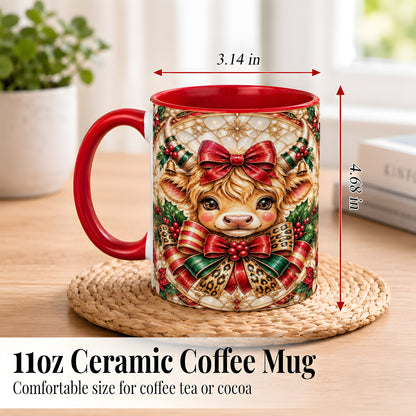 #pl[11oz|Red] Ornate Christmas Cow Coffee Mug, Highland Cow Mug, Ceramic Cup