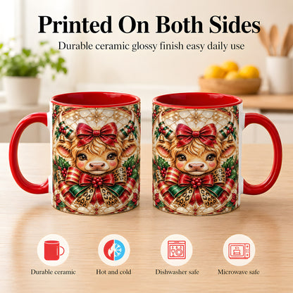 #pl[11oz|Red] Ornate Christmas Cow Coffee Mug, Highland Cow Mug, Ceramic Cup