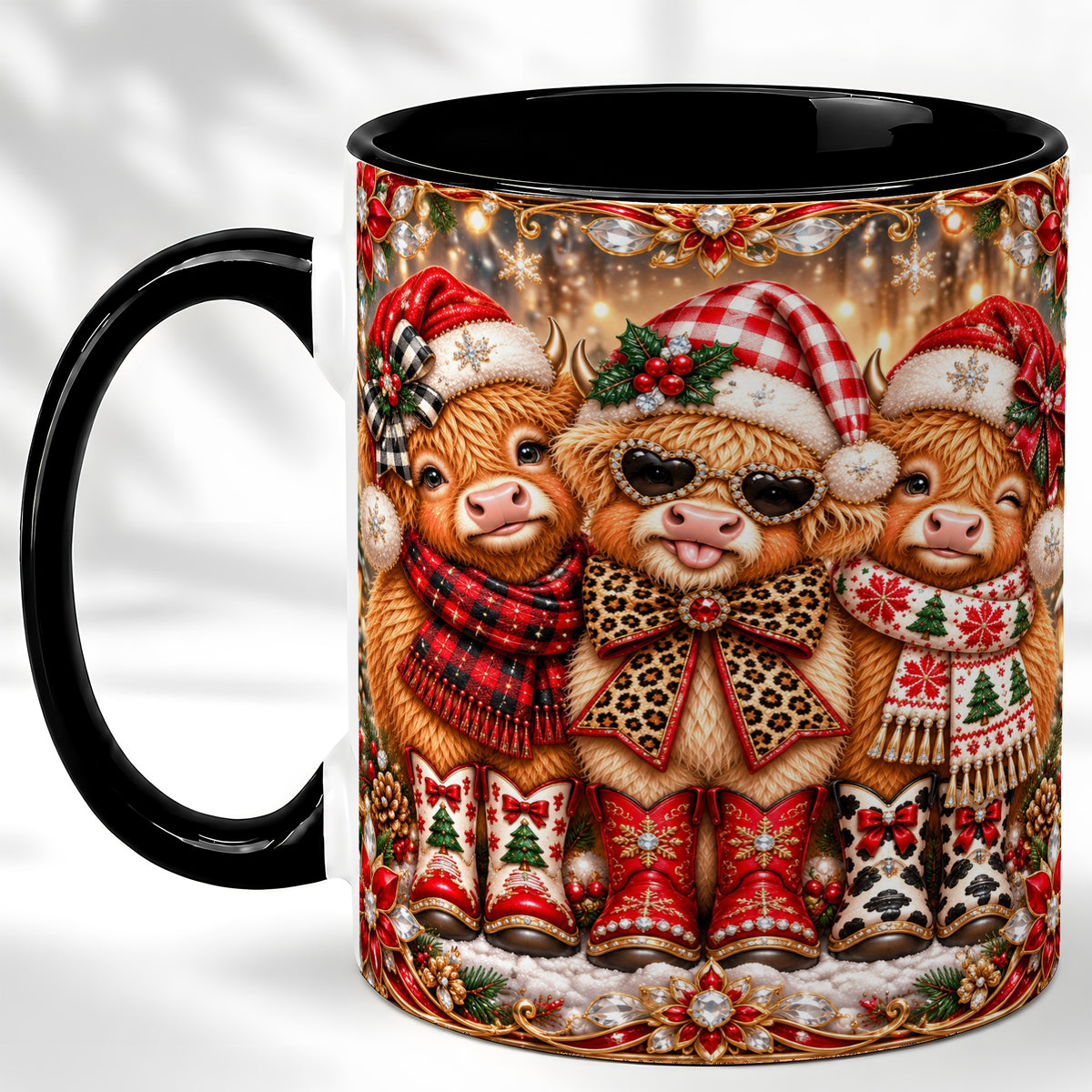 #pl[11oz|Black] Christmas Cow Trio Coffee Mug, Western Holiday Mug, Ceramic Cup