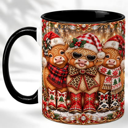 #pl[11oz|Black] Christmas Cow Trio Coffee Mug, Western Holiday Mug, Ceramic Cup
