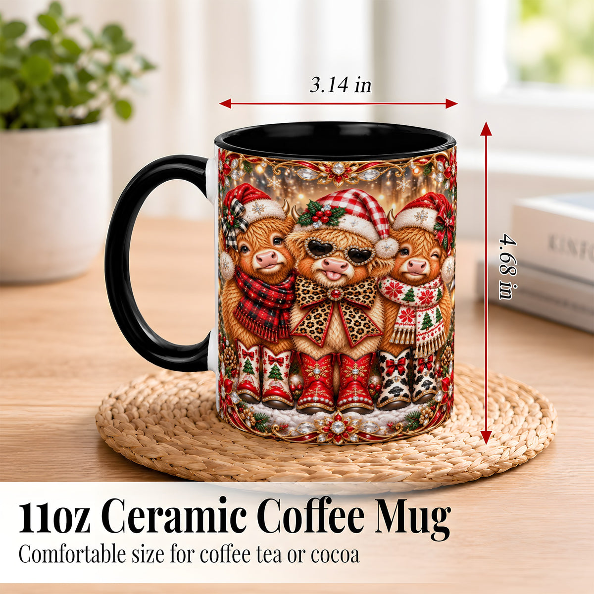 #pl[11oz|Black] Christmas Cow Trio Coffee Mug, Western Holiday Mug, Ceramic Cup