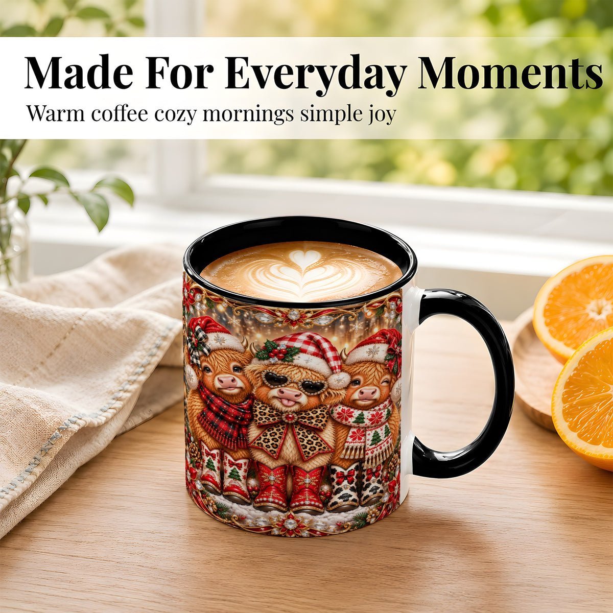 #pl[11oz|Black] Christmas Cow Trio Coffee Mug, Western Holiday Mug, Ceramic Cup