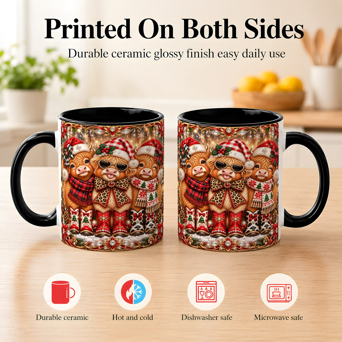 #pl[11oz|Black] Christmas Cow Trio Coffee Mug, Western Holiday Mug, Ceramic Cup