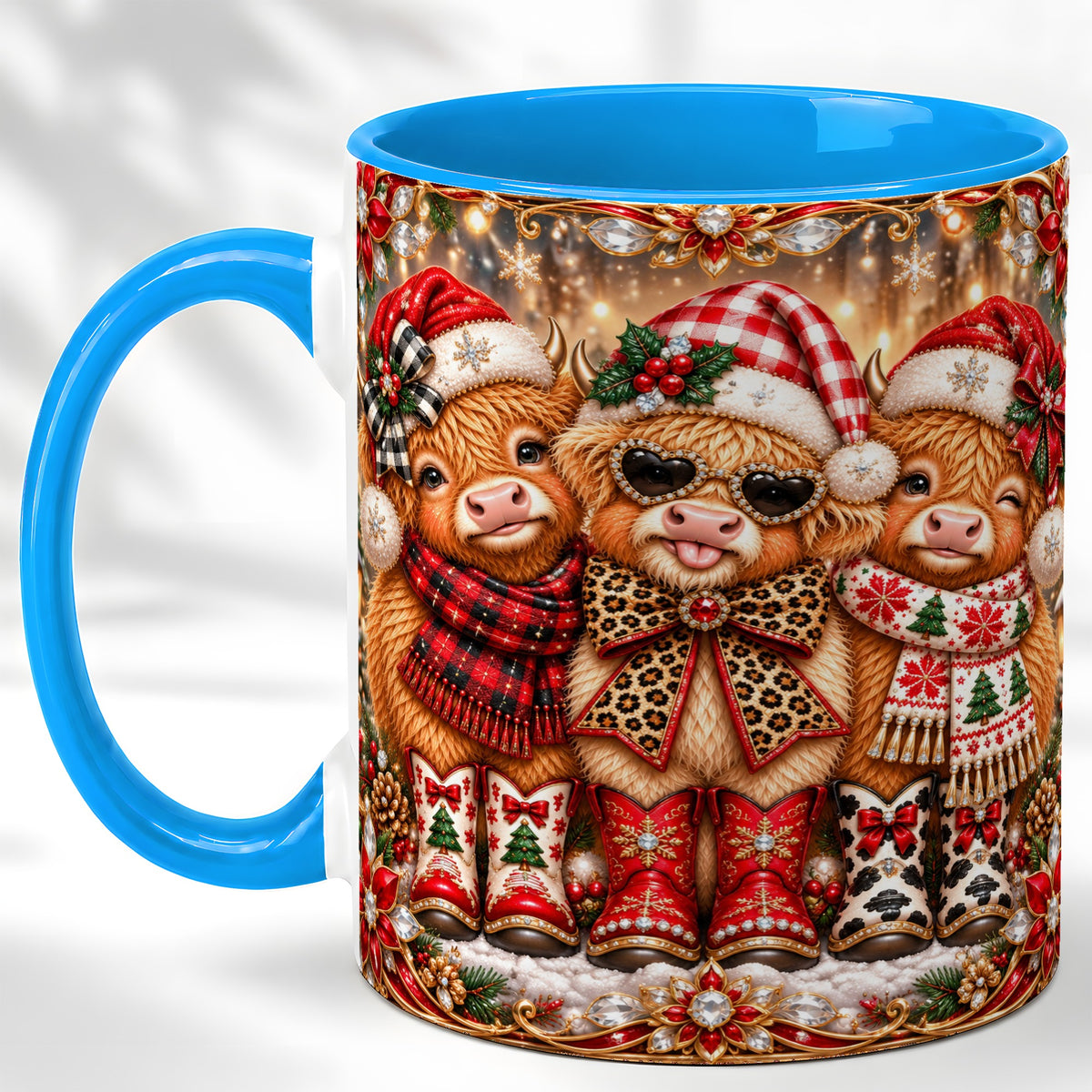 #pl[11oz|Blue] Christmas Cow Trio Coffee Mug, Western Holiday Mug, Ceramic Cup