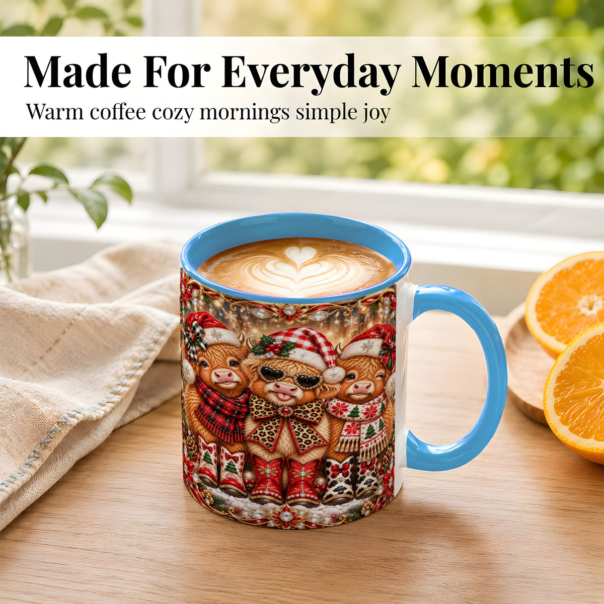 #pl[11oz|Blue] Christmas Cow Trio Coffee Mug, Western Holiday Mug, Ceramic Cup