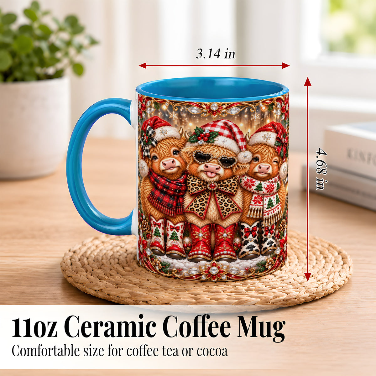 #pl[11oz|Blue] Christmas Cow Trio Coffee Mug, Western Holiday Mug, Ceramic Cup