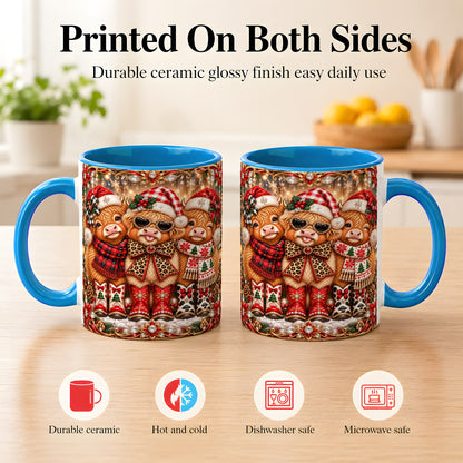 #pl[11oz|Blue] Christmas Cow Trio Coffee Mug, Western Holiday Mug, Ceramic Cup