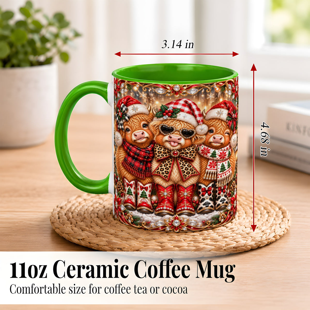 #pl[11oz|Green] Christmas Cow Trio Coffee Mug, Western Holiday Mug, Ceramic Cup