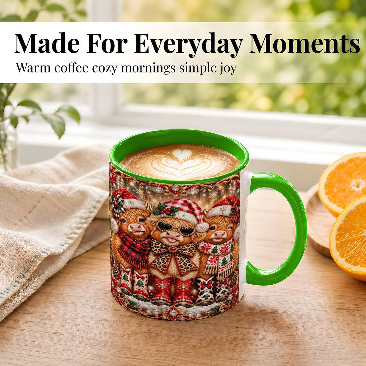 #pl[11oz|Green] Christmas Cow Trio Coffee Mug, Western Holiday Mug, Ceramic Cup