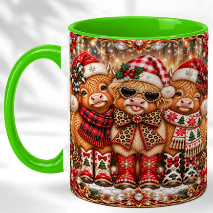 #pl[11oz|Green] Christmas Cow Trio Coffee Mug, Western Holiday Mug, Ceramic Cup