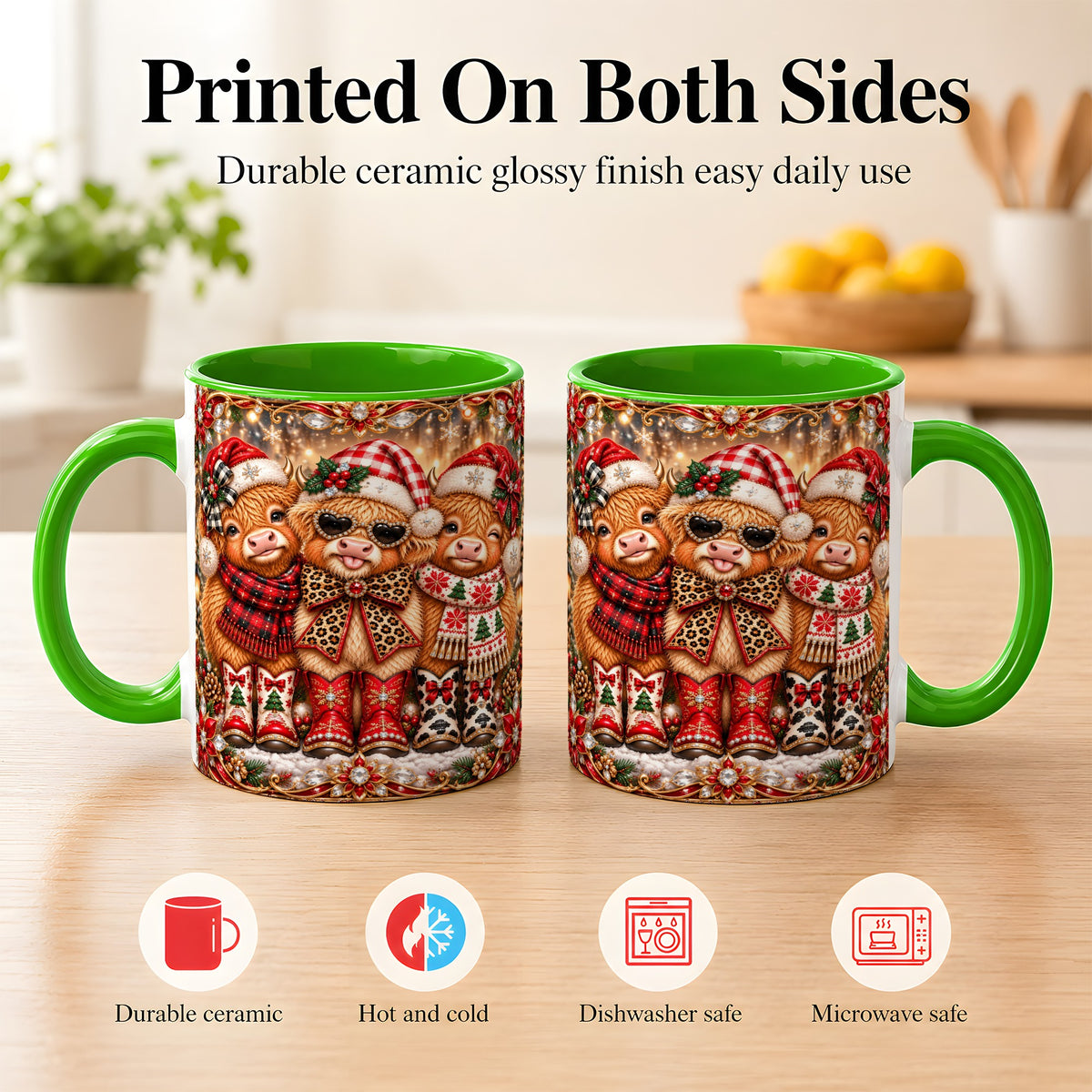 #pl[11oz|Green] Christmas Cow Trio Coffee Mug, Western Holiday Mug, Ceramic Cup