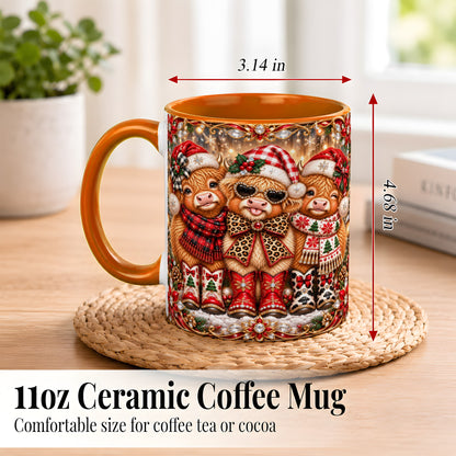 #pl[11oz|Orange] Christmas Cow Trio Coffee Mug, Western Holiday Mug, Ceramic Cup