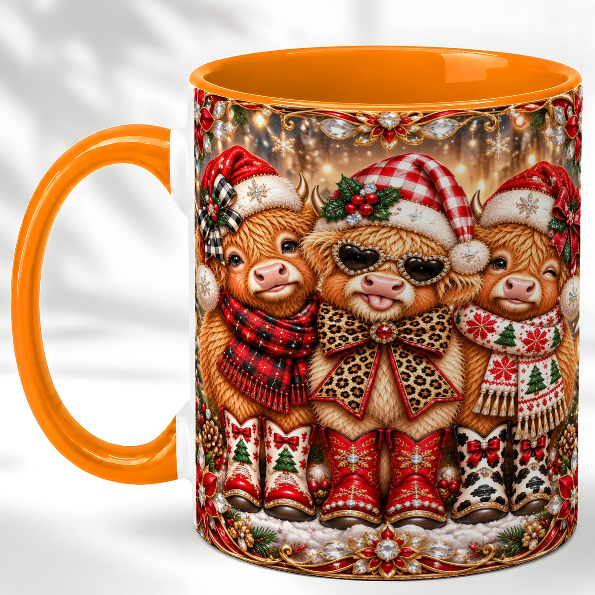 #pl[11oz|Orange] Christmas Cow Trio Coffee Mug, Western Holiday Mug, Ceramic Cup