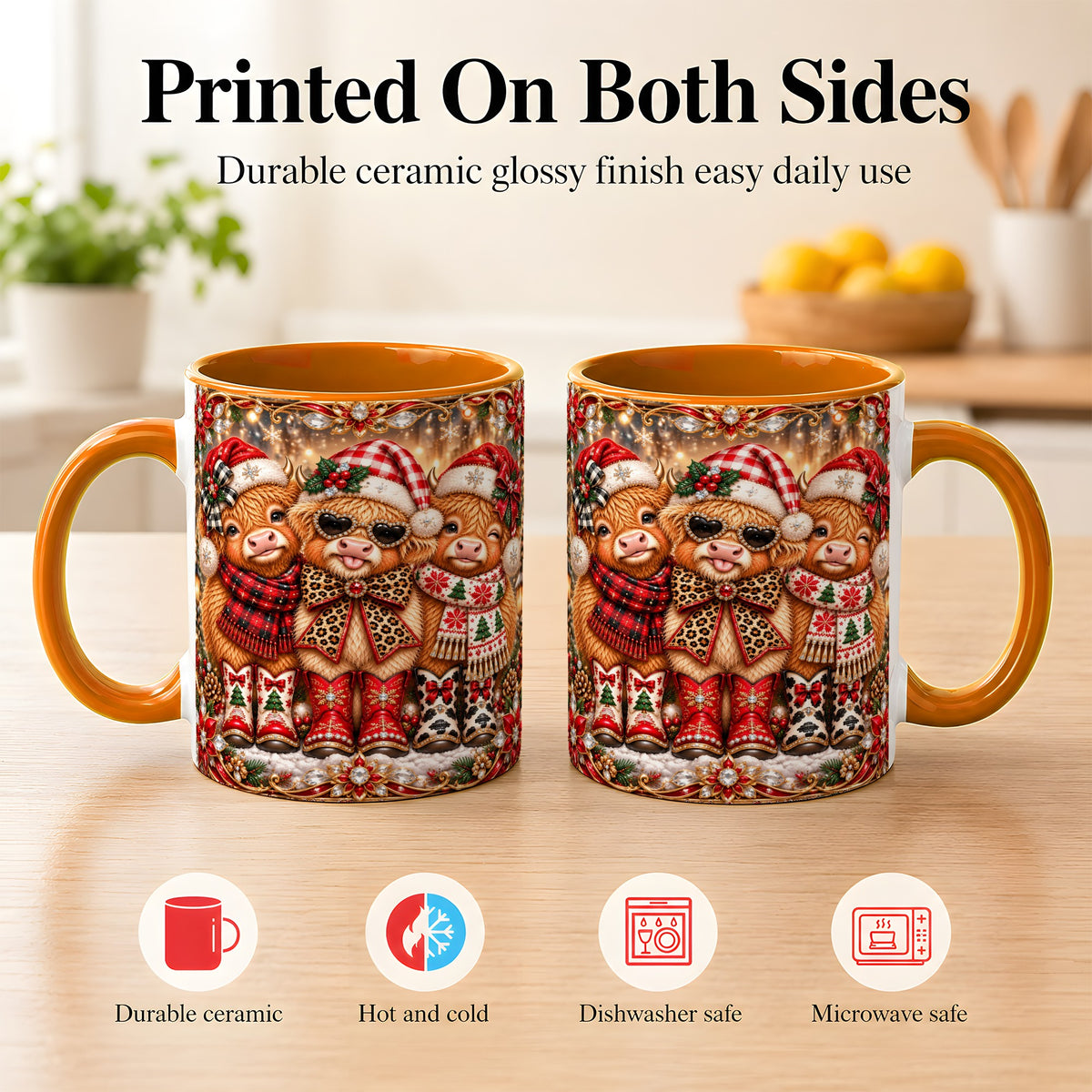 #pl[11oz|Orange] Christmas Cow Trio Coffee Mug, Western Holiday Mug, Ceramic Cup