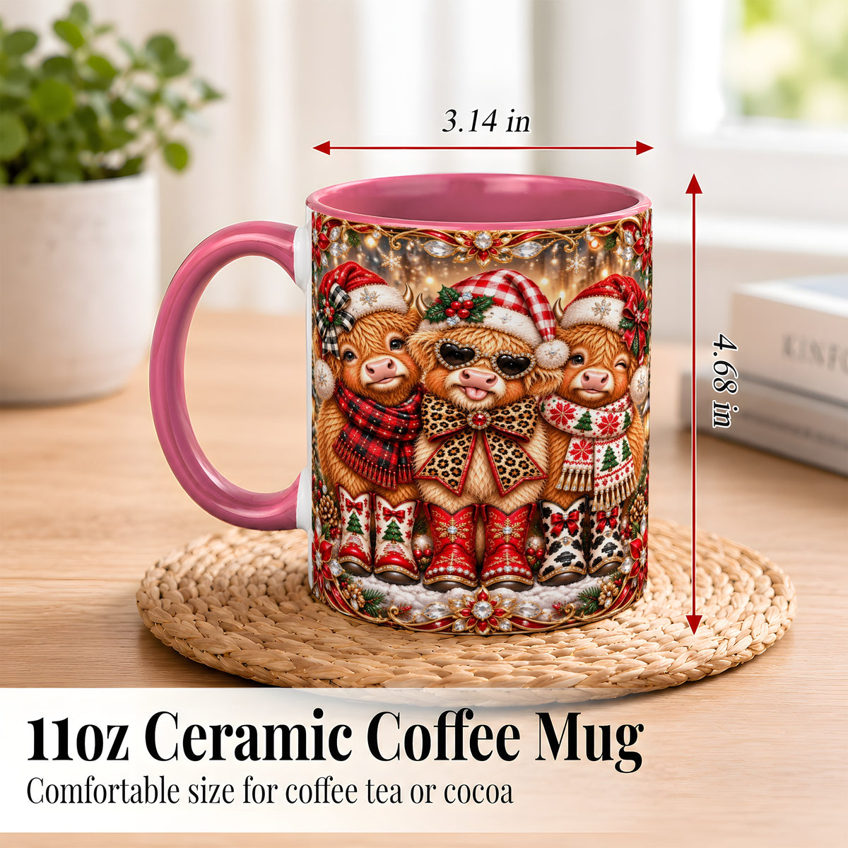 #pl[11oz|Pink] Christmas Cow Trio Coffee Mug, Western Holiday Mug, Ceramic Cup