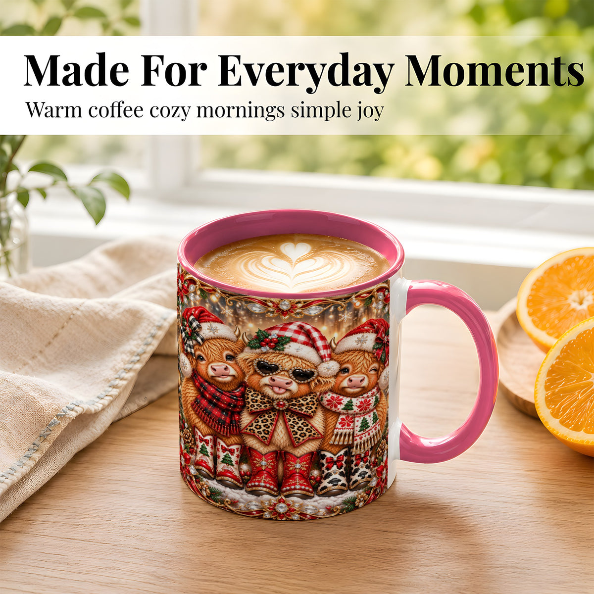 #pl[11oz|Pink] Christmas Cow Trio Coffee Mug, Western Holiday Mug, Ceramic Cup